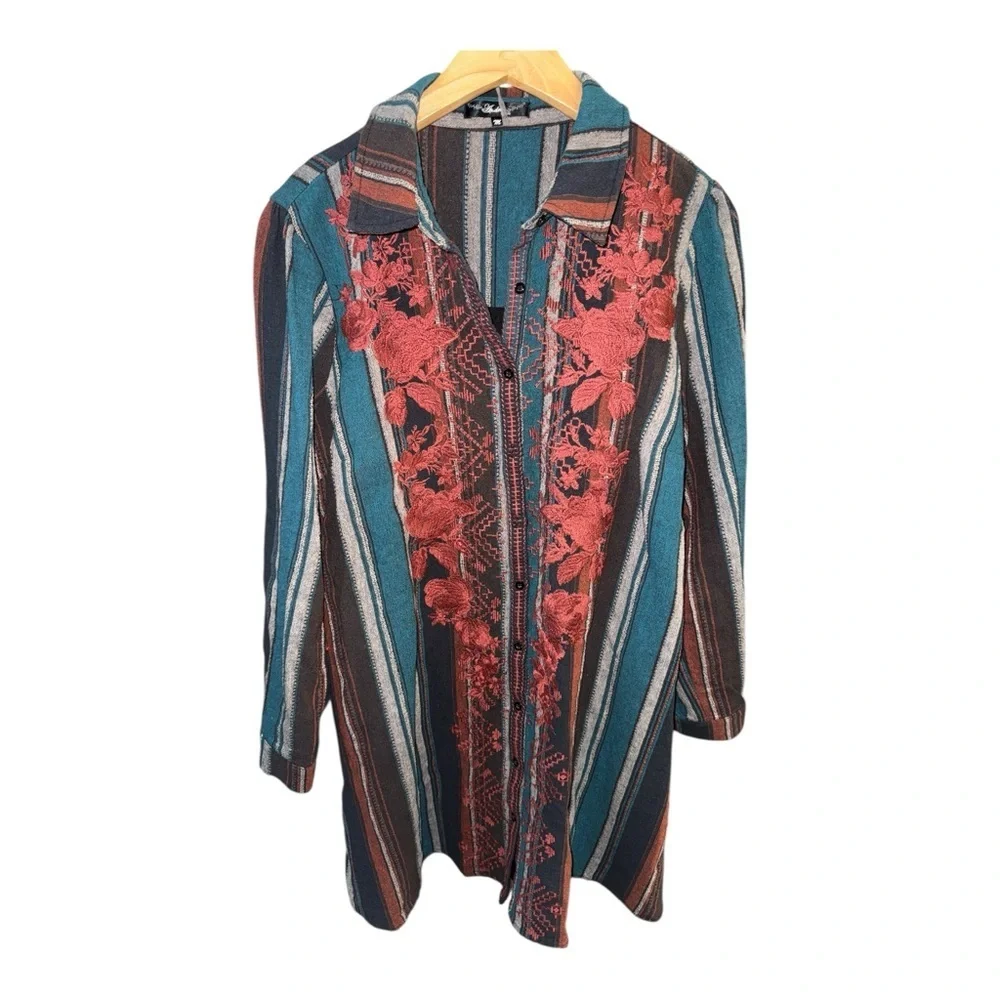 Andrée By Unit Teal Stripe Embroidered Longline Medium Shirt Jacket Boho Luxe - Picture 2 of 7